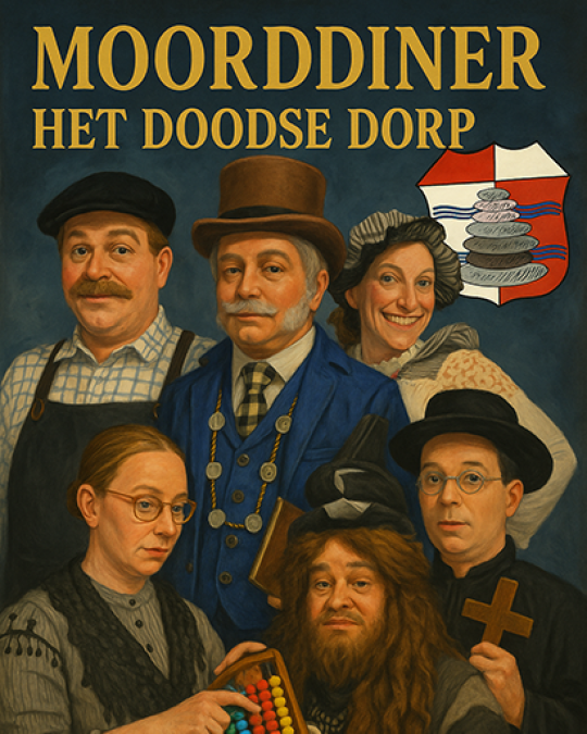 Moorddiner ‘Het Doodse Dorp’ – een dinerspel in Nederlandse stijl met acteurs, humor en mysterie, ideaal voor een avond uit vol entertainment en een lekker diner.