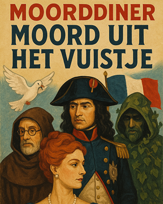 Moorddiner ‘Moord uit het vuistje’ – hilarisch dinerspel in Franse stijl met acteurs, puzzels en mysterie, ideaal voor een avond uit vol entertainment, lekker eten en gegarandeerd vertier.